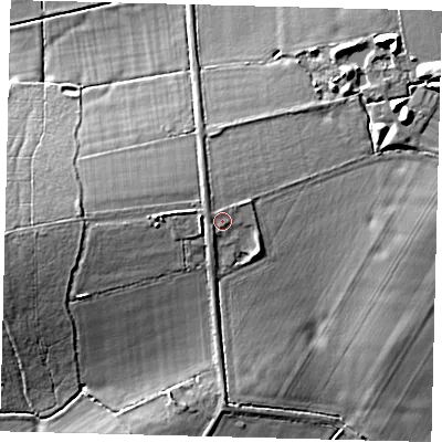 Shaded relief map of the ground around LN105HH, computed from Environment Agency LiDAR. The ground here sits at about 12 m above sea level and falls 9 m across the surrounding 800 m. Surface water reaching this point runs off ground lying to the west-north-west, 1.0 m higher.