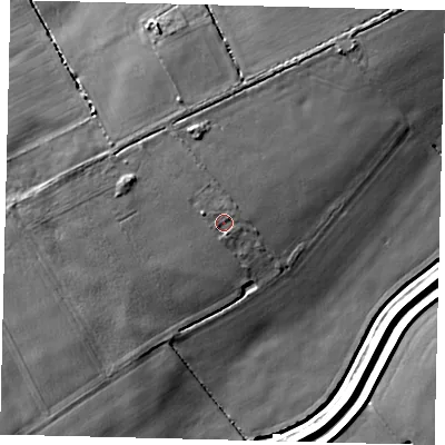 Shaded relief map of the ground around LN105HT, computed from Environment Agency LiDAR. The ground here sits at about 6 m above sea level and falls 7 m across the surrounding 800 m. Surface water reaching this point runs off ground lying to the north-east, 0.9 m higher.