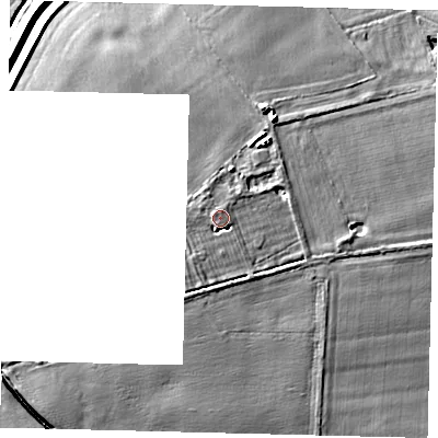 Shaded relief map of the ground around LN105HW, computed from Environment Agency LiDAR. The ground here sits at about 7 m above sea level and falls 10 m across the surrounding 800 m. Surface water reaching this point runs off ground lying to the north-north-east, 1.6 m higher.