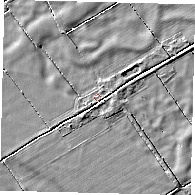Shaded relief map of the ground around LN106AB, computed from Environment Agency LiDAR. The ground here sits at about 1 m above sea level and falls 3 m across the surrounding 800 m. Surface water reaching this point runs off ground lying to the south-west, 3.2 m higher.