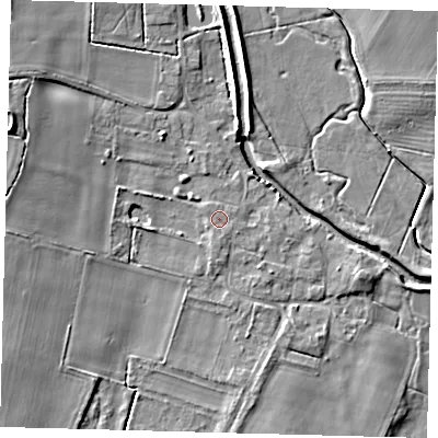 Shaded relief map of the ground around LN106AL, computed from Environment Agency LiDAR. The ground here sits at about 14 m above sea level and falls 9 m across the surrounding 800 m. Surface water reaching this point runs off ground lying to the south, 0.6 m higher.