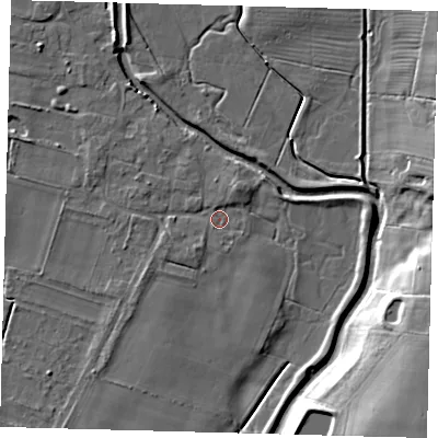 Shaded relief map of the ground around LN106GD, computed from Environment Agency LiDAR. The ground here sits at about 13 m above sea level and falls 16 m across the surrounding 800 m. Surface water reaching this point runs off ground lying to the north-north-east, 2.1 m higher.