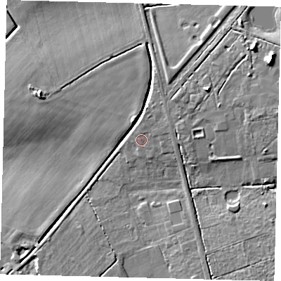 Shaded relief map of the ground around LN106QE, computed from Environment Agency LiDAR. The ground here sits at about 6 m above sea level and falls 12 m across the surrounding 800 m. Surface water reaching this point runs off ground lying to the north-east, 1.2 m higher.
