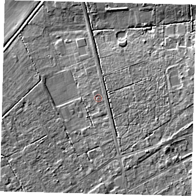 Shaded relief map of the ground around LN106QH, computed from Environment Agency LiDAR. The ground here sits at about 7 m above sea level and falls 8 m across the surrounding 800 m. Surface water reaching this point runs off ground lying to the east, 1.1 m higher.