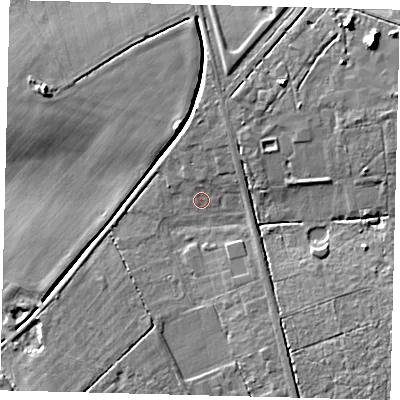 Shaded relief map of the ground around LN106QQ, computed from Environment Agency LiDAR. The ground here sits at about 5 m above sea level and falls 10 m across the surrounding 800 m. Surface water reaching this point runs off ground lying to the north, 1.5 m higher.