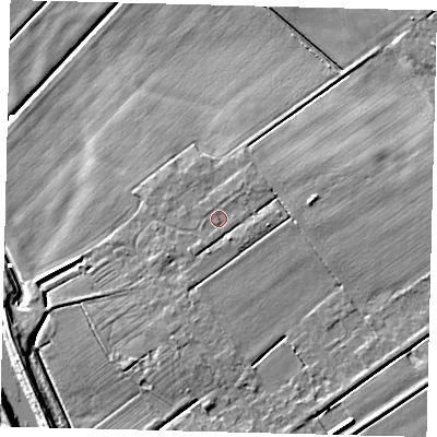 Shaded relief map of the ground around LN106QW, computed from Environment Agency LiDAR. The ground here sits at about 5 m above sea level and falls 8 m across the surrounding 800 m. Surface water reaching this point runs off ground lying to the north-east, 0.8 m higher.
