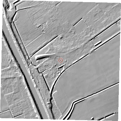 Shaded relief map of the ground around LN106QX, computed from Environment Agency LiDAR. The ground here sits at about 4 m above sea level and falls 9 m across the surrounding 800 m. Surface water reaching this point runs off ground lying to the east-north-east, 2.0 m higher.