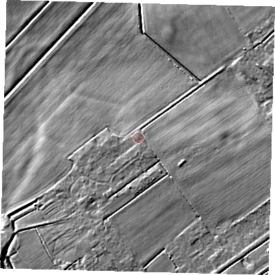 Shaded relief map of the ground around LN106QY, computed from Environment Agency LiDAR. The ground here sits at about 5 m above sea level and falls 8 m across the surrounding 800 m. Surface water reaching this point runs off ground lying to the south-south-east, 1.4 m higher.