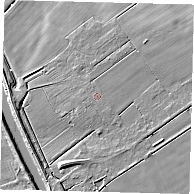 Shaded relief map of the ground around LN106QZ, computed from Environment Agency LiDAR. The ground here sits at about 5 m above sea level and falls 9 m across the surrounding 800 m. The ground contributing surface water to this point lies to the south-south-east.