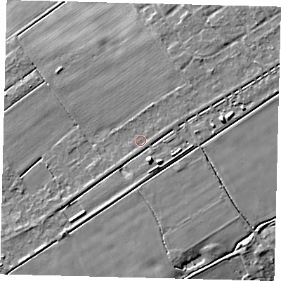 Shaded relief map of the ground around LN106RA, computed from Environment Agency LiDAR. The ground here sits at about 6 m above sea level and falls 8 m across the surrounding 800 m. Surface water reaching this point runs off ground lying to the east-north-east, 0.9 m higher.