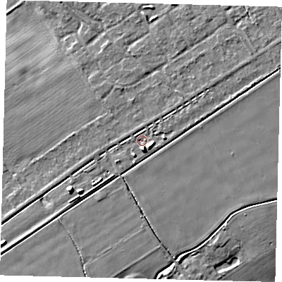 Shaded relief map of the ground around LN106RB, computed from Environment Agency LiDAR. The ground here sits at about 6 m above sea level and falls 7 m across the surrounding 800 m. Surface water reaching this point runs off ground lying to the south-south-east, 4.3 m higher.