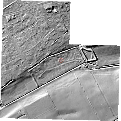 Shaded relief map of the ground around LN106RT, computed from Environment Agency LiDAR. The ground here sits at about 8 m above sea level and falls 9 m across the surrounding 800 m. Surface water reaching this point runs off ground lying to the north-east, 1.4 m higher.