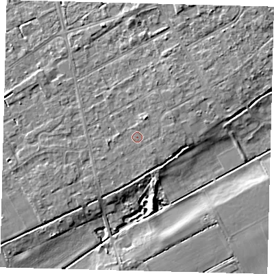 Shaded relief map of the ground around LN106TJ, computed from Environment Agency LiDAR. The ground here sits at about 9 m above sea level and falls 8 m across the surrounding 800 m. Surface water reaching this point runs off ground lying to the north-north-east, 1.7 m higher.