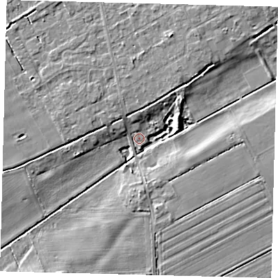Shaded relief map of the ground around LN106TL, computed from Environment Agency LiDAR. The ground here sits at about 6 m above sea level and falls 8 m across the surrounding 800 m. Surface water reaching this point runs off ground lying to the north-east, 3.7 m higher.