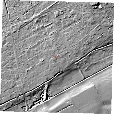 Shaded relief map of the ground around LN106TQ, computed from Environment Agency LiDAR. The ground here sits at about 10 m above sea level and falls 10 m across the surrounding 800 m. Surface water reaching this point runs off ground lying to the north-east, 0.6 m higher.