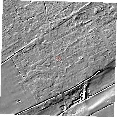 Shaded relief map of the ground around LN106TW, computed from Environment Agency LiDAR. The ground here sits at about 8 m above sea level and falls 7 m across the surrounding 800 m. Surface water reaching this point runs off ground lying to the east, 2.5 m higher.