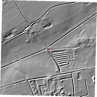 Shaded relief map of the ground around LN106UH, computed from Environment Agency LiDAR. The ground here sits at about 4 m above sea level and falls 8 m across the surrounding 800 m. Surface water reaching this point runs off ground lying to the north-north-east, 5.0 m higher.