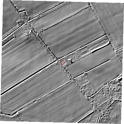 Shaded relief map of the ground around LN106UQ, computed from Environment Agency LiDAR. The ground here sits at about 6 m above sea level and falls 5 m across the surrounding 800 m. Surface water reaching this point runs off ground lying to the east-south-east, 4.1 m higher.