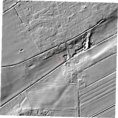 Shaded relief map of the ground around LN106WP, computed from Environment Agency LiDAR. The ground here sits at about 6 m above sea level and falls 8 m across the surrounding 800 m. Surface water reaching this point runs off ground lying to the west-north-west, 0.7 m higher.