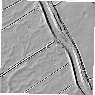 Shaded relief map of the ground around LN106XJ, computed from Environment Agency LiDAR. The ground here sits at about 2 m above sea level and falls 7 m across the surrounding 800 m. Surface water reaching this point runs off ground lying to the east-north-east, 4.2 m higher.