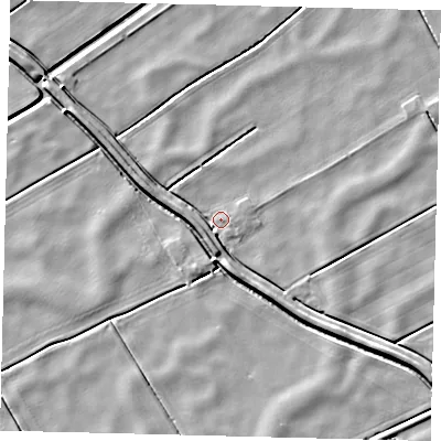 Shaded relief map of the ground around LN106XL, computed from Environment Agency LiDAR. The ground here sits at about 1 m above sea level and falls 4 m across the surrounding 800 m. Surface water reaching this point runs off ground lying to the south-south-west, 3.4 m higher.
