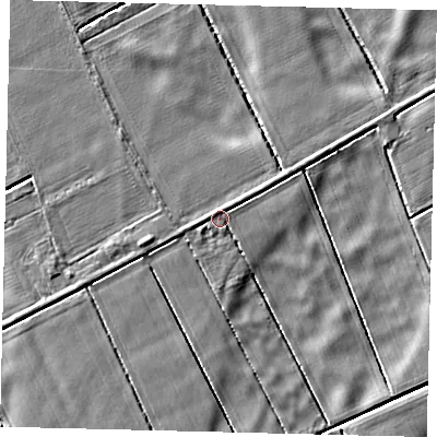 Shaded relief map of the ground around LN106XN, computed from Environment Agency LiDAR. The ground here sits at about 2 m above sea level and falls 4 m across the surrounding 800 m. Surface water reaching this point runs off ground lying to the west-north-west, 1.2 m higher.