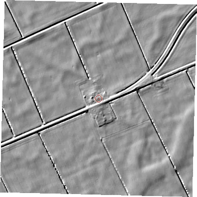 Shaded relief map of the ground around LN106XP, computed from Environment Agency LiDAR. The ground here sits at about 2 m above sea level and falls 3 m across the surrounding 800 m. Surface water reaching this point runs off ground lying to the south-south-west, 1.0 m higher.