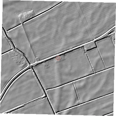 Shaded relief map of the ground around LN106XR, computed from Environment Agency LiDAR. The ground here sits at about 1 m above sea level and falls 4 m across the surrounding 800 m. Surface water reaching this point runs off ground lying to the north, 1.3 m higher.