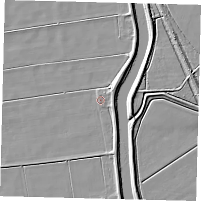 Shaded relief map of the ground around LN106XS, computed from Environment Agency LiDAR. The ground here sits at about 2 m above sea level and falls 6 m across the surrounding 800 m. Surface water reaching this point runs off ground lying to the north-east, 3.4 m higher.