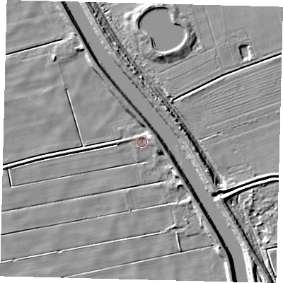 Shaded relief map of the ground around LN106XT, computed from Environment Agency LiDAR. The ground here sits at about 2 m above sea level and falls 6 m across the surrounding 800 m. Surface water reaching this point runs off ground lying to the east-north-east, 3.4 m higher.