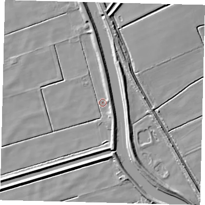 Shaded relief map of the ground around LN106XU, computed from Environment Agency LiDAR. The ground here sits at about 2 m above sea level and falls 6 m across the surrounding 800 m. Surface water reaching this point runs off ground lying to the north, 3.4 m higher.