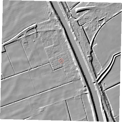 Shaded relief map of the ground around LN106XX, computed from Environment Agency LiDAR. The ground here sits at about 2 m above sea level and falls 9 m across the surrounding 800 m. Surface water reaching this point runs off ground lying to the east-north-east, 3.9 m higher.