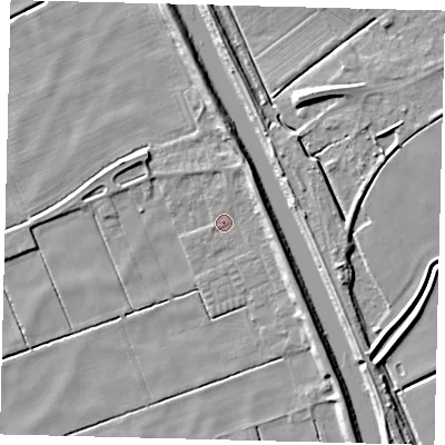 Shaded relief map of the ground around LN106XY, computed from Environment Agency LiDAR. The ground here sits at about 1 m above sea level and falls 9 m across the surrounding 800 m. Surface water reaching this point runs off ground lying to the north-north-east, 2.1 m higher.