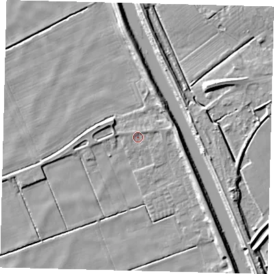 Shaded relief map of the ground around LN106XZ, computed from Environment Agency LiDAR. The ground here sits at about 1 m above sea level and falls 9 m across the surrounding 800 m. Surface water reaching this point runs off ground lying to the east-north-east, 0.8 m higher.