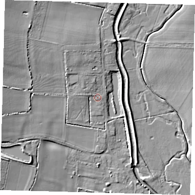 Shaded relief map of the ground around LN106YL, computed from Environment Agency LiDAR. The ground here sits at about 15 m above sea level and falls 11 m across the surrounding 800 m. Surface water reaching this point runs off ground lying to the west-north-west, 1.5 m higher.