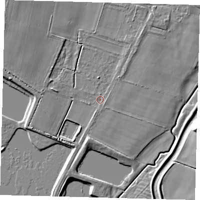 Shaded relief map of the ground around LN106YN, computed from Environment Agency LiDAR. The ground here sits at about 12 m above sea level and falls 11 m across the surrounding 800 m. Surface water reaching this point runs off ground lying to the north-west, 6.4 m higher.