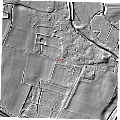 Shaded relief map of the ground around LN106YR, computed from Environment Agency LiDAR. The ground here sits at about 13 m above sea level and falls 10 m across the surrounding 800 m. Surface water reaching this point runs off ground lying to the north-north-east, 1.2 m higher.