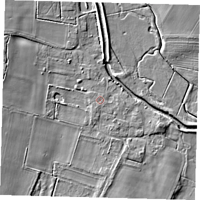 Shaded relief map of the ground around LN106YT, computed from Environment Agency LiDAR. The ground here sits at about 14 m above sea level and falls 8 m across the surrounding 800 m. Surface water reaching this point runs off ground lying to the south-south-west, 0.7 m higher.