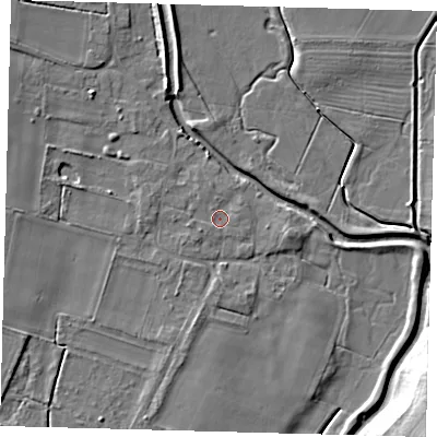 Shaded relief map of the ground around LN106YW, computed from Environment Agency LiDAR. The ground here sits at about 13 m above sea level and falls 12 m across the surrounding 800 m. Surface water reaching this point runs off ground lying to the south-west, 0.9 m higher.