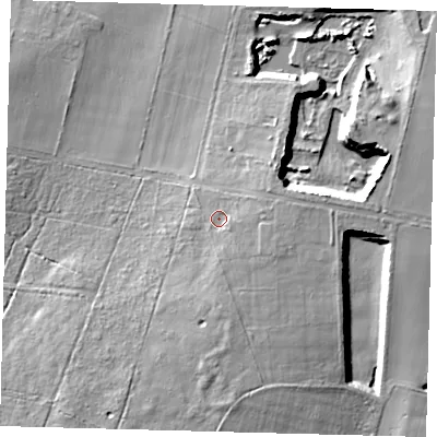 Shaded relief map of the ground around LN106YY, computed from Environment Agency LiDAR. The ground here sits at about 24 m above sea level and falls 12 m across the surrounding 800 m. Surface water reaching this point runs off ground lying to the east-south-east, 3.3 m higher.