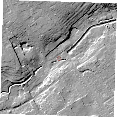 Shaded relief map of the ground around LN110BY, computed from Environment Agency LiDAR. The ground here sits at about 17 m above sea level and falls 16 m across the surrounding 800 m. Surface water reaching this point runs off ground lying to the north-north-west, 12.5 m higher.