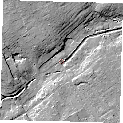 Shaded relief map of the ground around LN110DA, computed from Environment Agency LiDAR. The ground here sits at about 17 m above sea level and falls 17 m across the surrounding 800 m. Surface water reaching this point runs off ground lying to the north-west, 14.4 m higher.