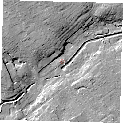 Shaded relief map of the ground around LN110DB, computed from Environment Agency LiDAR. The ground here sits at about 18 m above sea level and falls 17 m across the surrounding 800 m. Surface water reaching this point runs off ground lying to the west-south-west, 1.1 m higher.