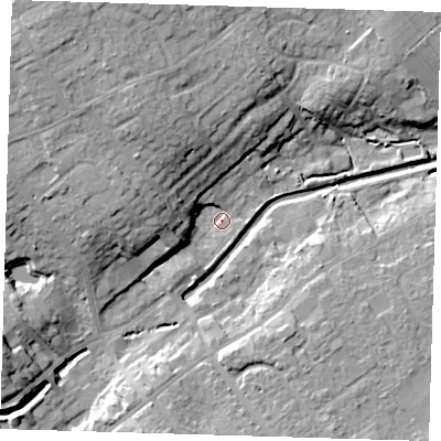 Shaded relief map of the ground around LN110DD, computed from Environment Agency LiDAR. The ground here sits at about 16 m above sea level and falls 18 m across the surrounding 800 m. Surface water reaching this point runs off ground lying to the north-west, 13.0 m higher.