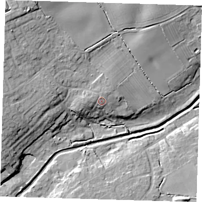 Shaded relief map of the ground around LN110DE, computed from Environment Agency LiDAR. The ground here sits at about 21 m above sea level and falls 18 m across the surrounding 800 m. Surface water reaching this point runs off ground lying to the north, 1.5 m higher.