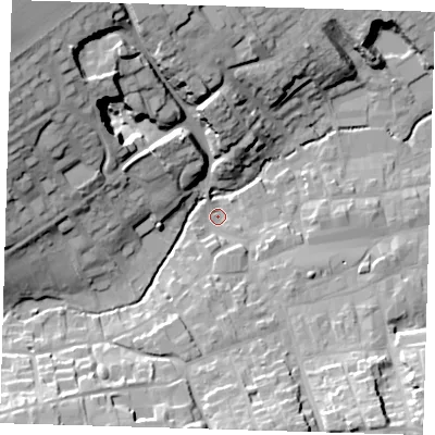 Shaded relief map of the ground around LN110DP, computed from Environment Agency LiDAR. The ground here sits at about 24 m above sea level and falls 35 m across the surrounding 800 m. Surface water reaching this point runs off ground lying to the north-west, 31.7 m higher.