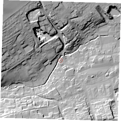 Shaded relief map of the ground around LN110DR, computed from Environment Agency LiDAR. The ground here sits at about 25 m above sea level and falls 36 m across the surrounding 800 m. Surface water reaching this point runs off ground lying to the north-west, 33.5 m higher.