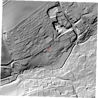 Shaded relief map of the ground around LN110DU, computed from Environment Agency LiDAR. The ground here sits at about 33 m above sea level and falls 40 m across the surrounding 800 m. Surface water reaching this point runs off ground lying to the north-west, 20.4 m higher.