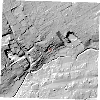 Shaded relief map of the ground around LN110EH, computed from Environment Agency LiDAR. The ground here sits at about 27 m above sea level and falls 31 m across the surrounding 800 m. Surface water reaching this point runs off ground lying to the north-west, 10.8 m higher.