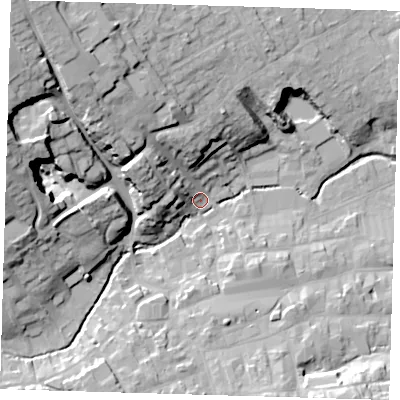 Shaded relief map of the ground around LN110EJ, computed from Environment Agency LiDAR. The ground here sits at about 24 m above sea level and falls 32 m across the surrounding 800 m. Surface water reaching this point runs off ground lying to the north-west, 30.0 m higher.